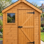 Front close-up of the Brookmere shed door, hasp and window