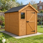 Brookmere 7x5 tongue and groove apex shed with window in a suburban garden