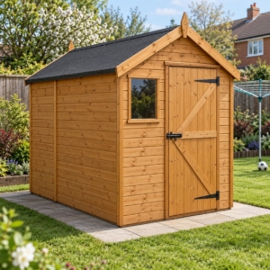 Brookmere 7x5 tongue and groove apex shed with window in a suburban garden