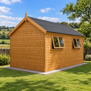 Rear corner view of the Calder 12x10 workshop