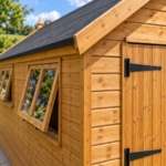 Close-up of the 15 mm tongue-and-groove cladding and opening window of the Calder workshop