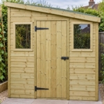 Front close-up of the Elmstead shed door and two windows