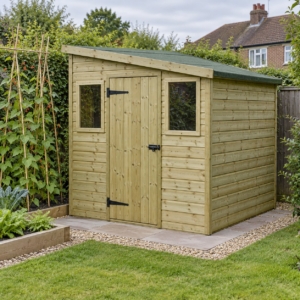 Elmstead 7x7 pressure-treated pent shed in the corner of a vegetable garden