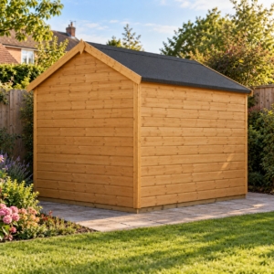 Rear corner view of the Hartwell 8x6 shed showing the side wall