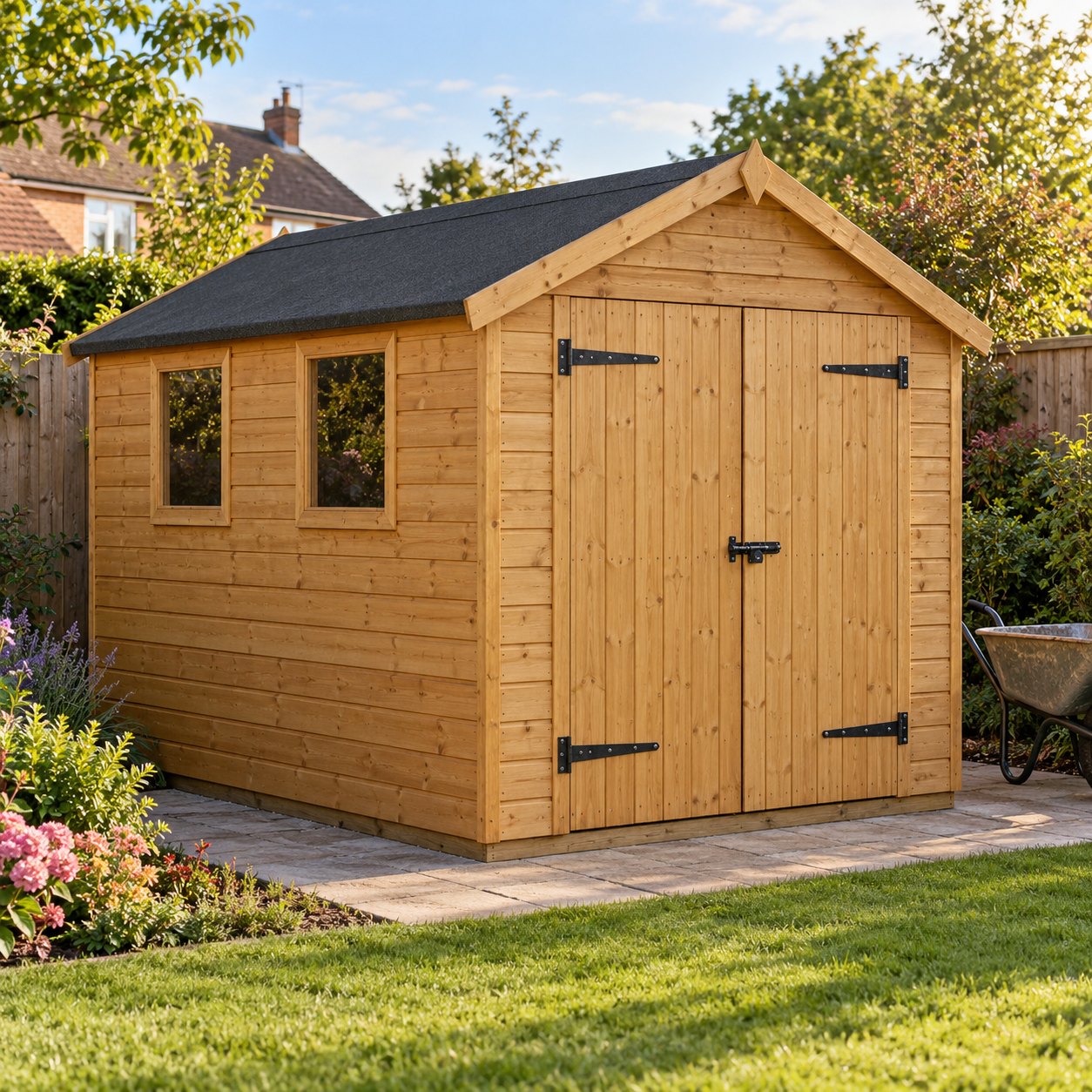 hartwell 8x6 shiplap apex shed double doors hero Hartwell 8x6 shiplap apex shed with double doors in a family garden