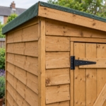 Close-up of the overlap cladding and roof felt edge of the Larkfield shed
