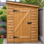 Front close-up of the Larkfield shed door with turn button and hasp