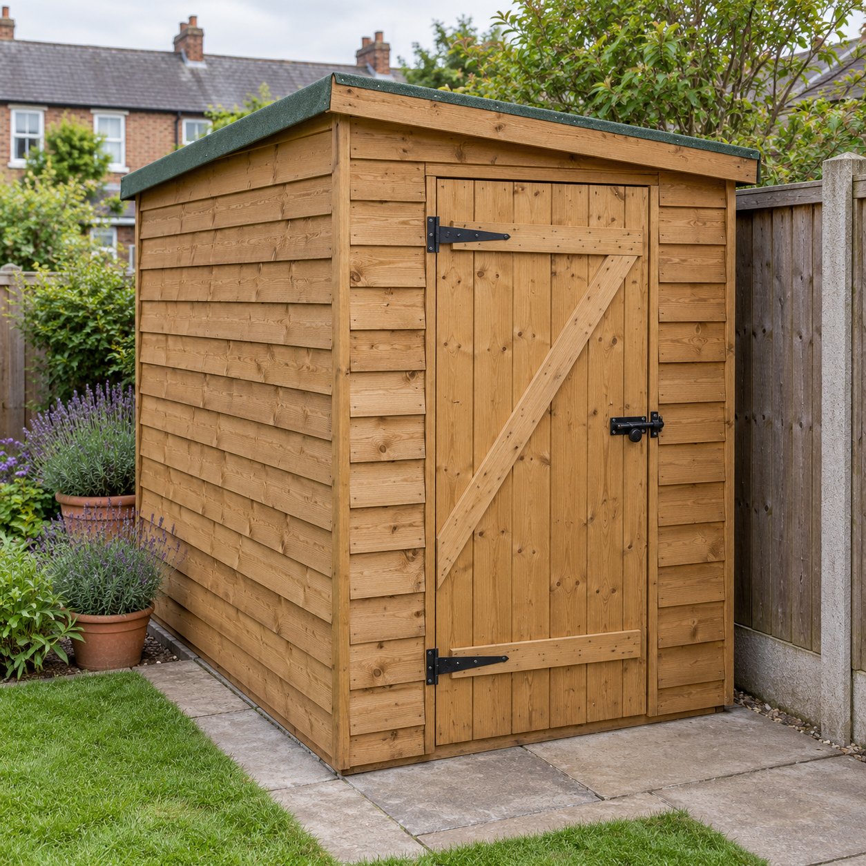 larkfield 6x4 overlap pent garden shed hero Larkfield 6x4 overlap pent garden shed against a fence in a small garden