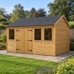 Oakridge 10x8 shiplap apex workshop with double doors in a large garden