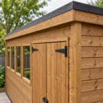 Close-up of the pressure-treated shiplap cladding and window of the Pennington workshop