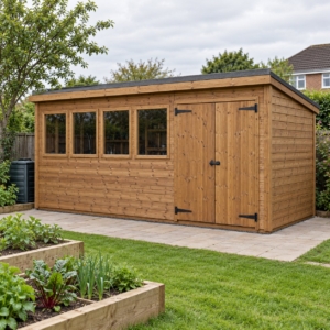 Pennington 12x8 pressure-treated pent workshop at the bottom of a long garden