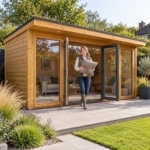 Woman stepping out of the Thornbury summerhouse glazed doors with a cushion