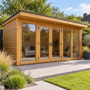 Thornbury 12x8 contemporary pent summerhouse beside a modern patio