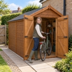 Woman wheeling a bicycle into the Wexcombe security shed