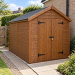 Wexcombe 8x10 windowless apex security shed beside a garden path