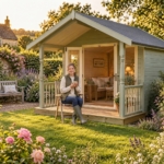 Woman with a mug of tea on the veranda of the Willowbank summerhouse