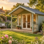 Willowbank 10x8 sage green apex summerhouse with veranda in a cottage garden